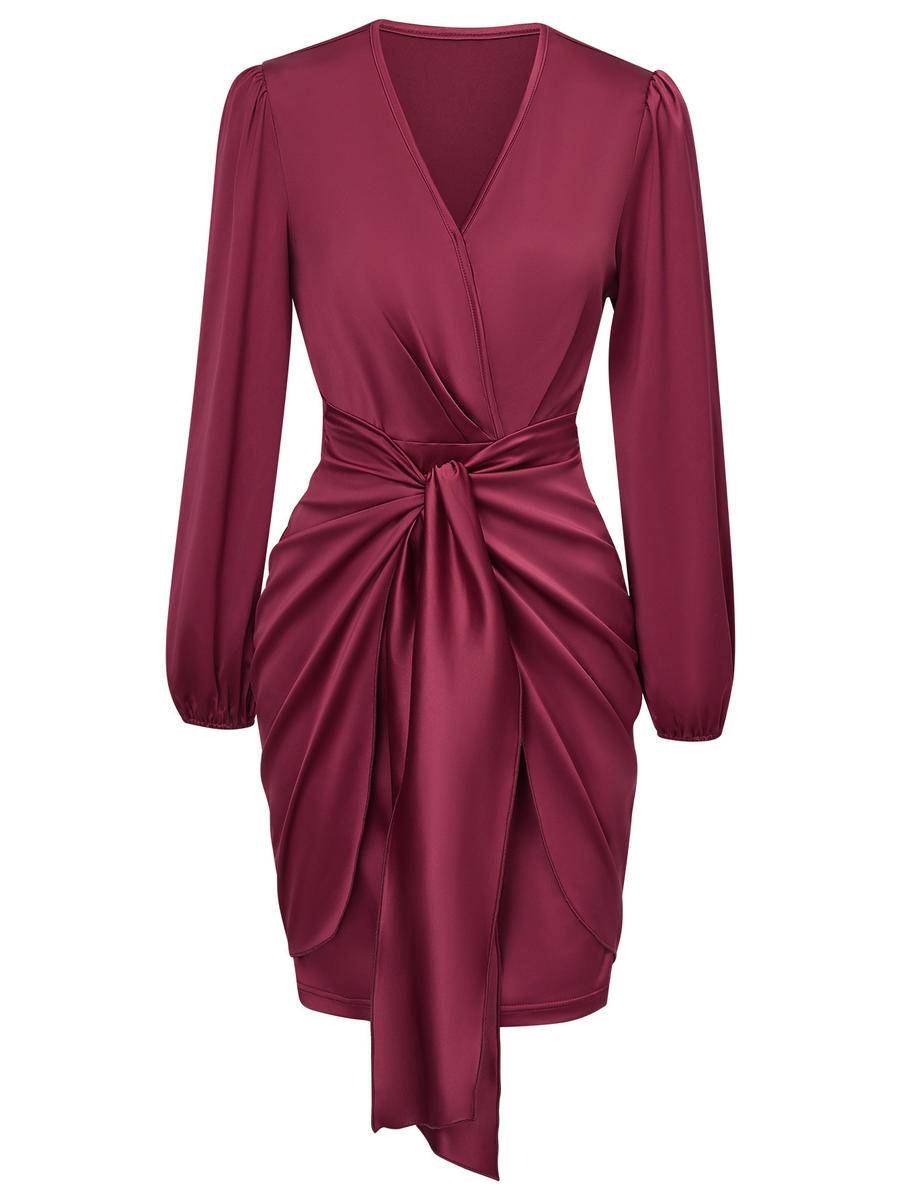 Solid Wrapped Balloon Sleeve Tie Waist Dress