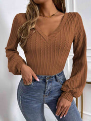 Elise Ribbed V-Neck Lantern Sleeve Top