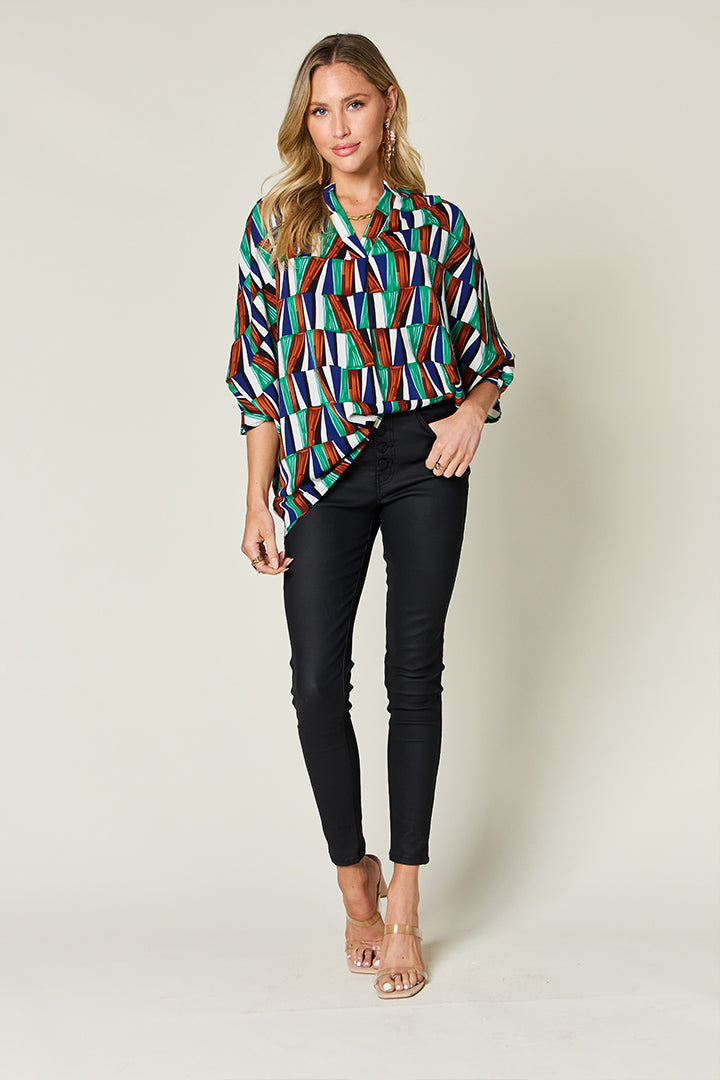 Full Size Geometric Notched Raglan Sleeve Blouse