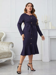 Buttoned Round Neck Tie Belt Midi Dress