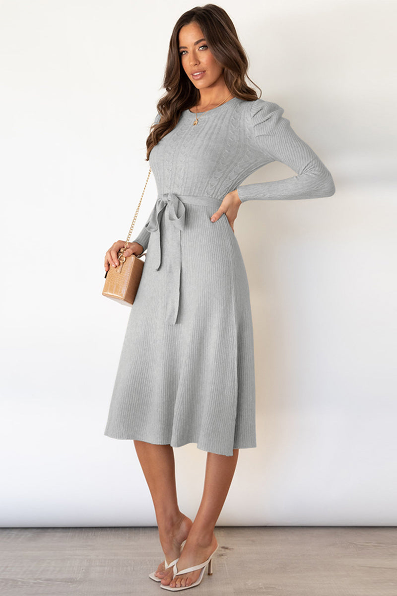 Round Neck Long Sleeve Tie Waist Sweater Dress