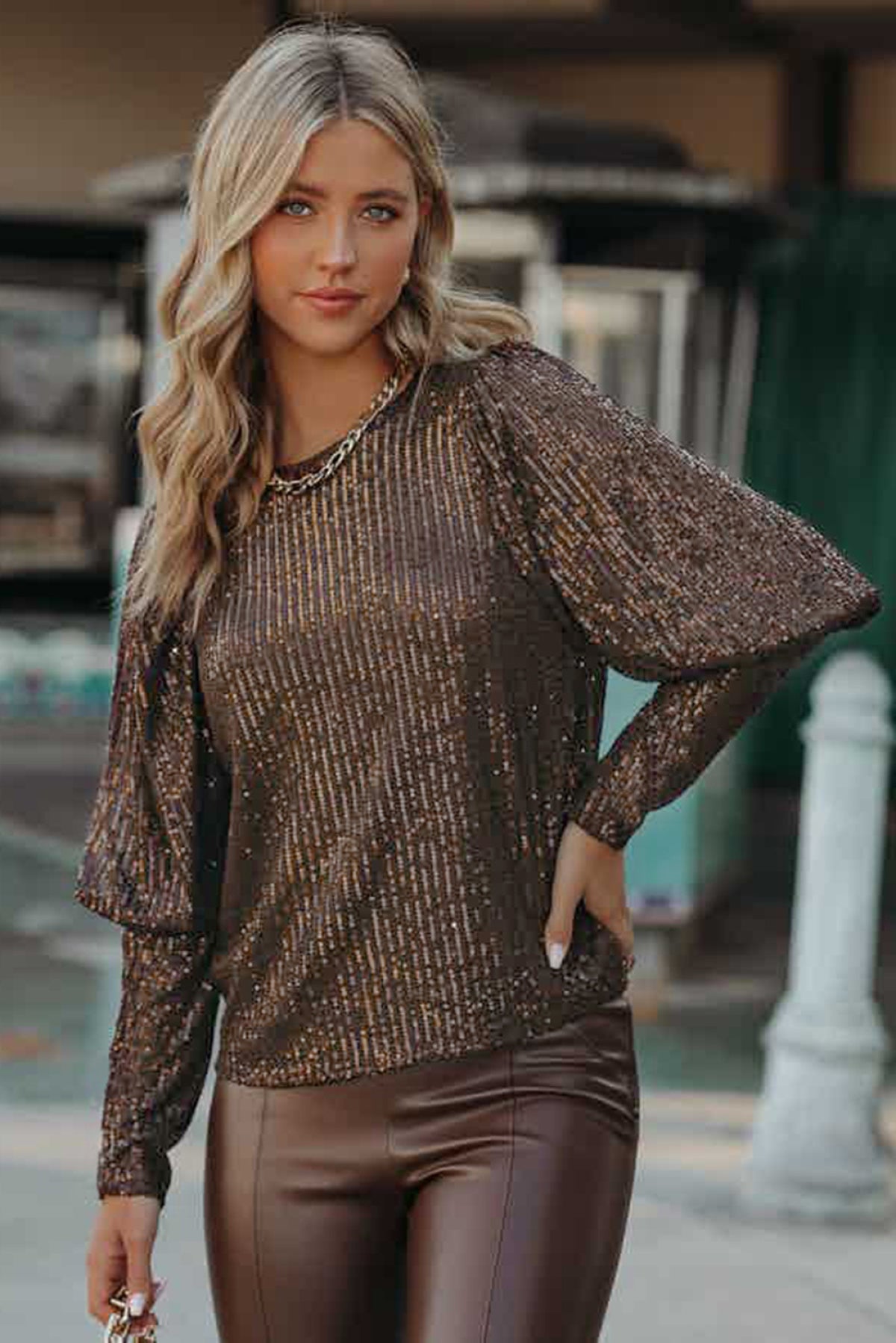 Brown Cuffed Sequin Top