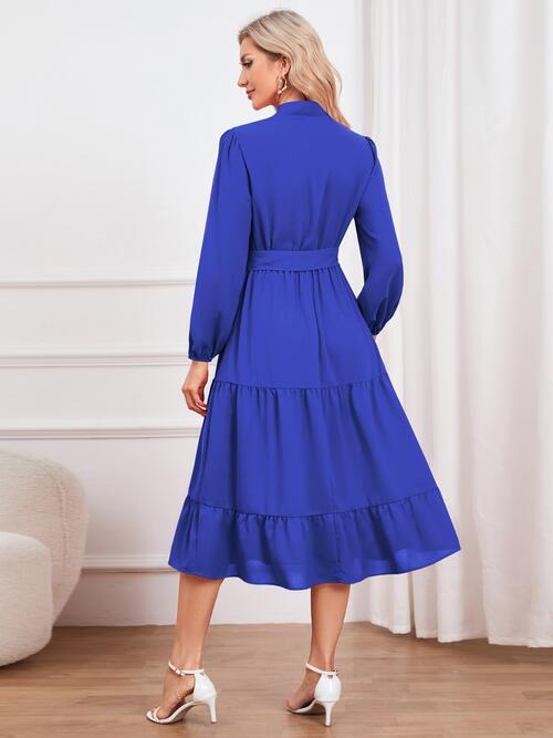 Tie Neck Long Sleeve Tiered Dress