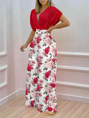 Printed Surplice Top and Wide Leg Pants Set