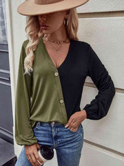 Two Tone V Neck Balloon Sleeve Top