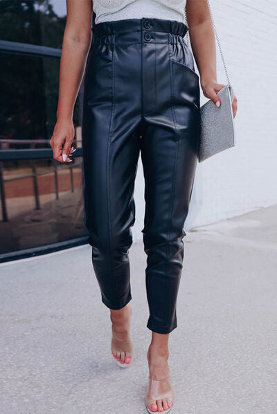 Smocked High Waist Faux Leather Skinny Pants