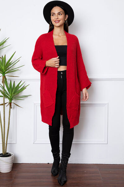 Open Front Long Sleeve Longline Cardigan with Pockets