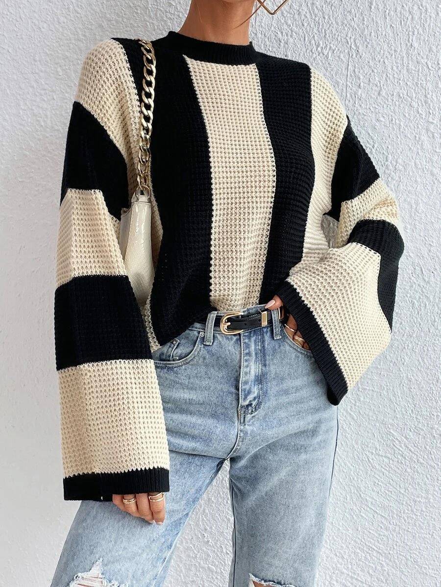 Crew Neck Waffle Drop Shoulder Knit Sweater