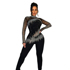 Pure Color Mesh Rhinestone Jumpsuit