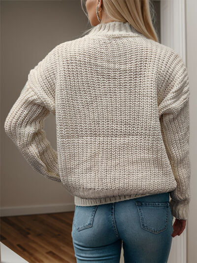 Cable-Knit Mock Neck Long Sleeve Sweater