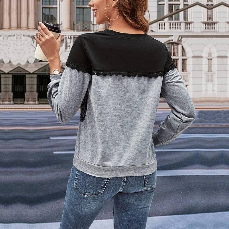 Floral Lace Contrast Round Neck Sweatshirt