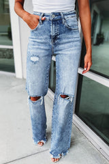 Sky Blue Washed Ripped Wide Leg High Waist Jeans