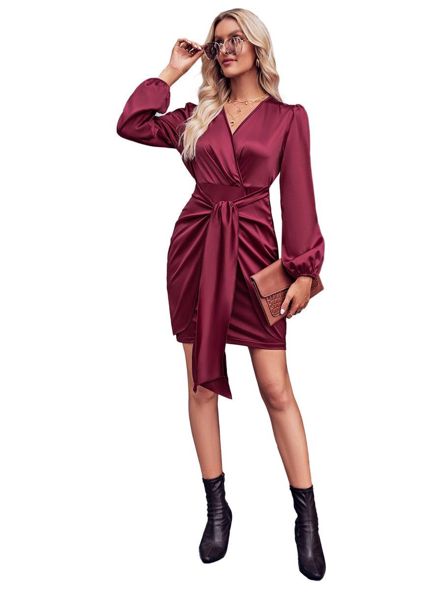 Solid Wrapped Balloon Sleeve Tie Waist Dress