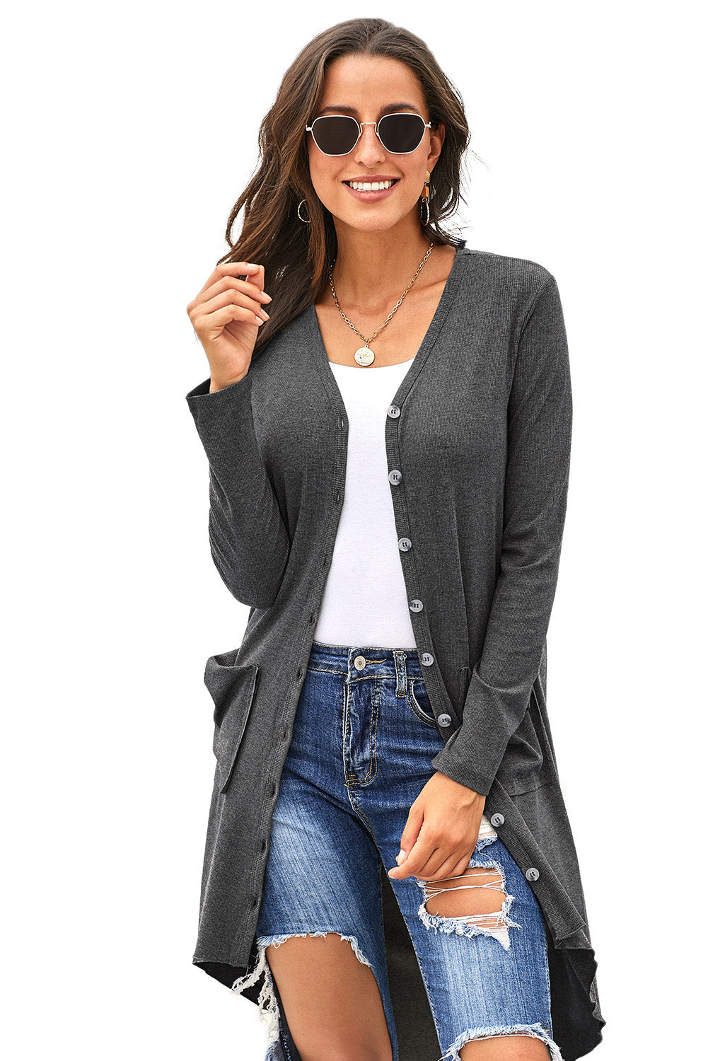 V-Neck Long Sleeve Cardigan with Pocket