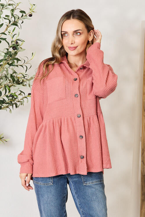 Full Size Waffle-Knit Button Down Blouse