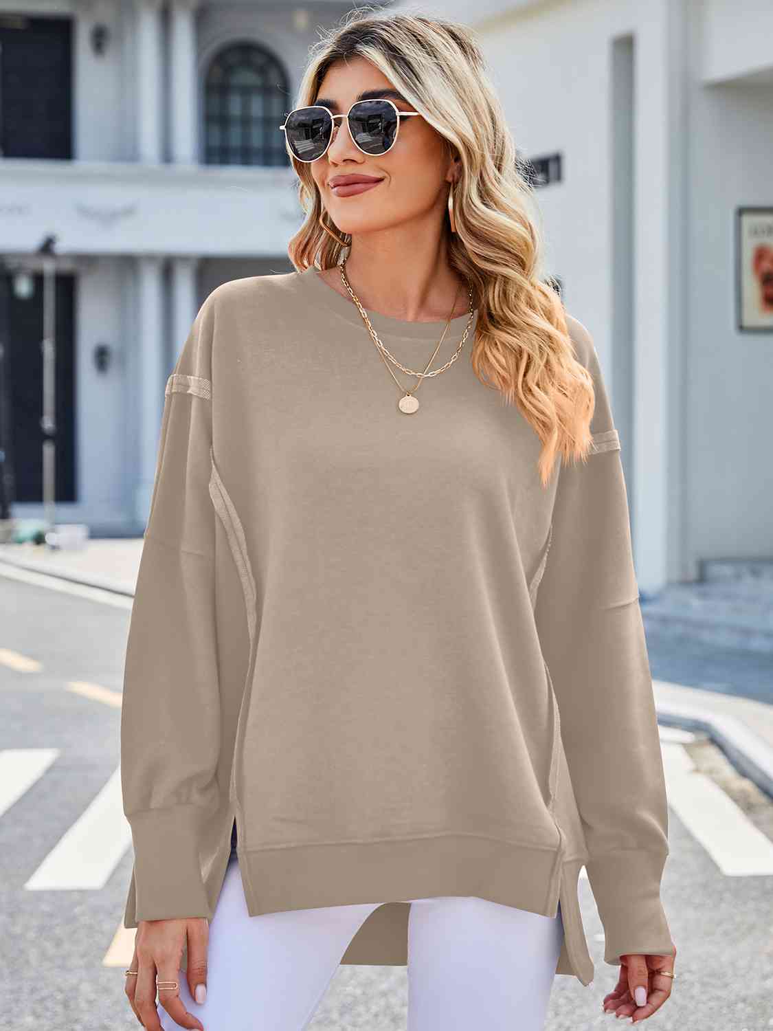 Exposed Seam High-Low Round Neck Sweatshirt