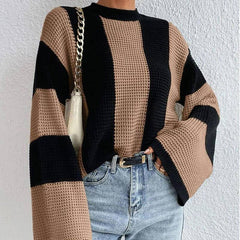 Crew Neck Waffle Drop Shoulder Knit Sweater