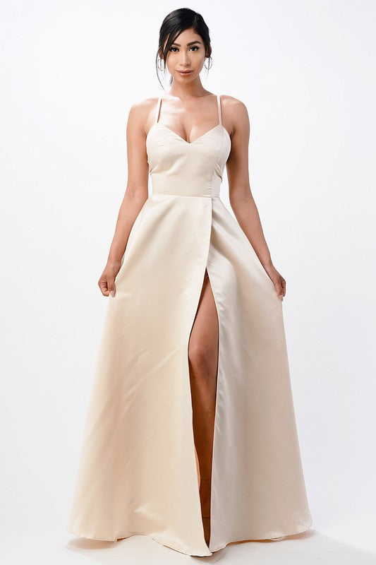 open side back spaghetti zig zag tie satin gown