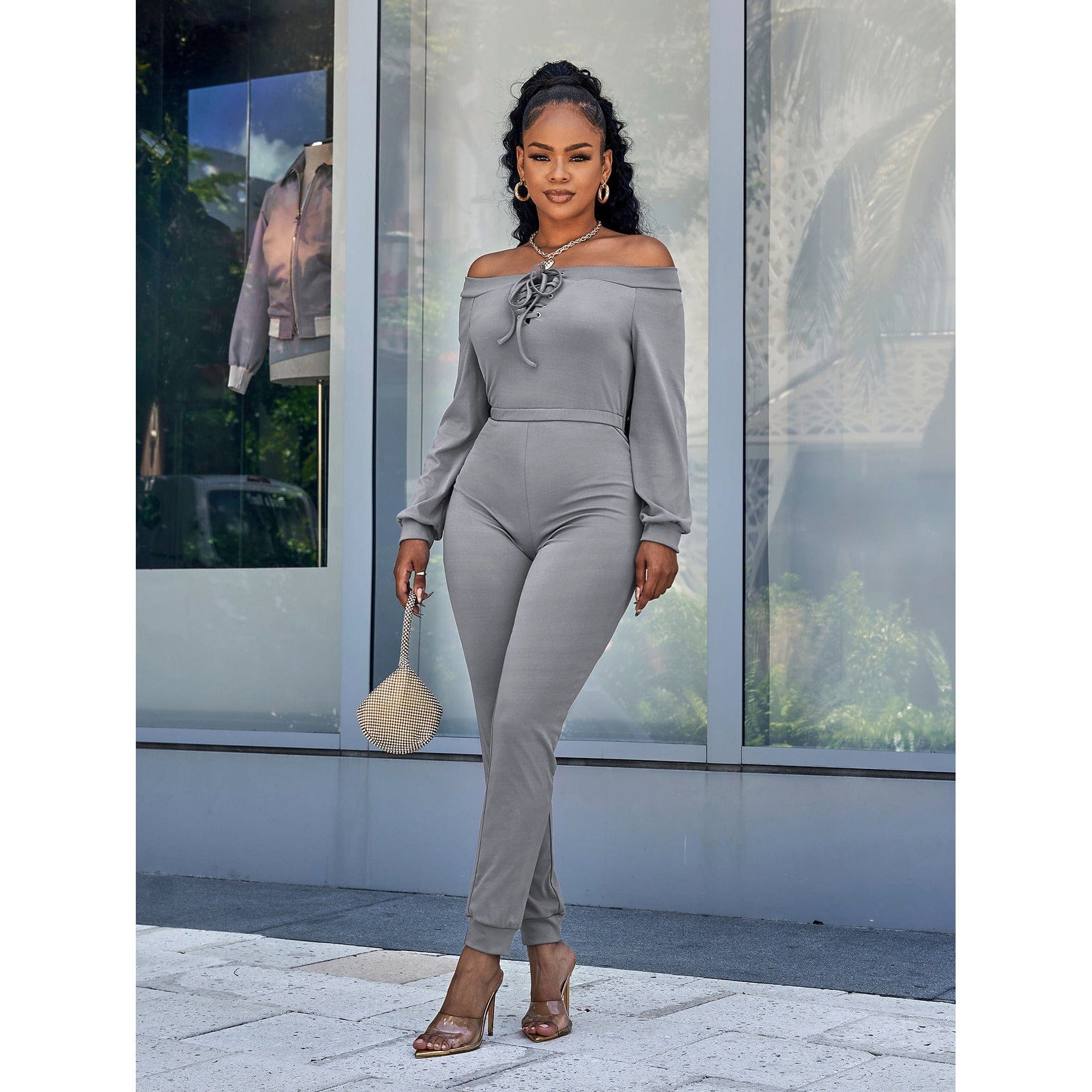 Lace-Up Off-Shoulder Long Sleeve Jumpsuit