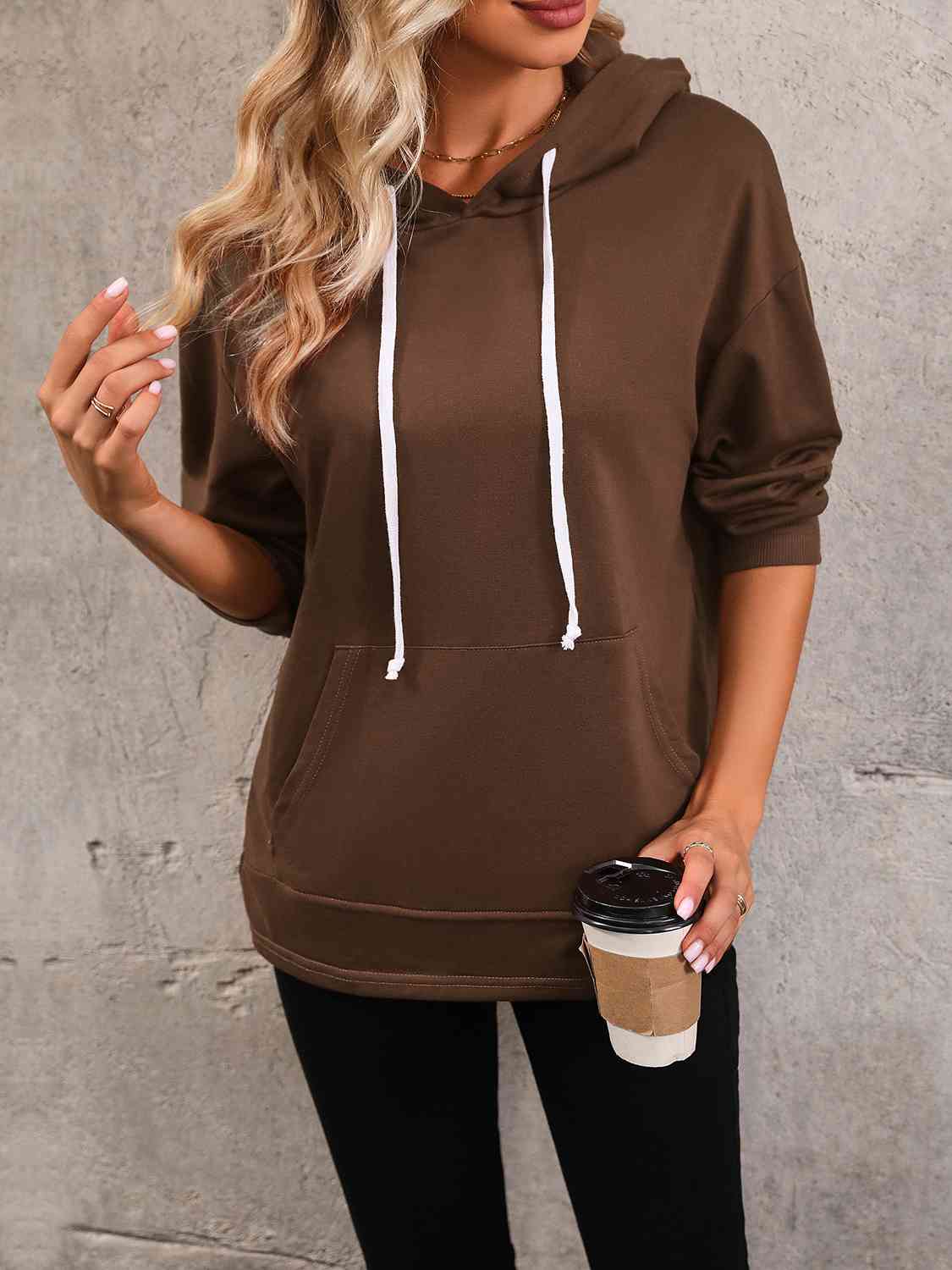 Drawstring Slit Hoodie with Pocket