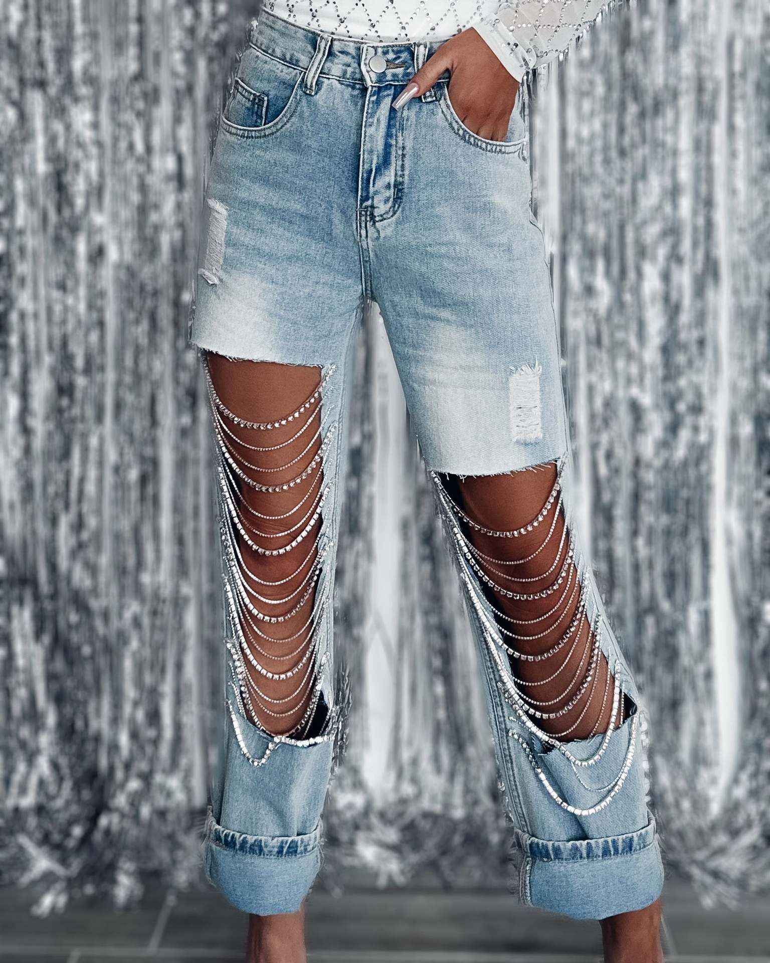 Ripped Chain Ornament Straight-leg Pants