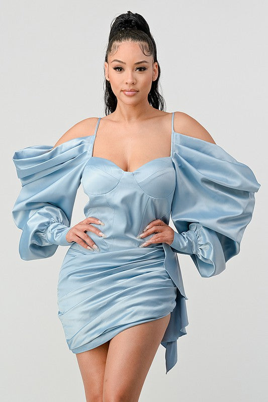 Elegant Puff Shoulder Satin Mini Dress