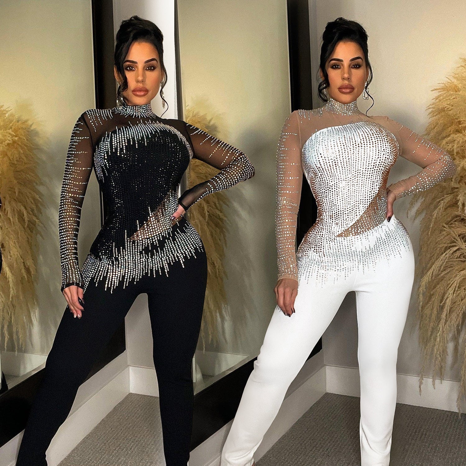 Pure Color Mesh Rhinestone Jumpsuit