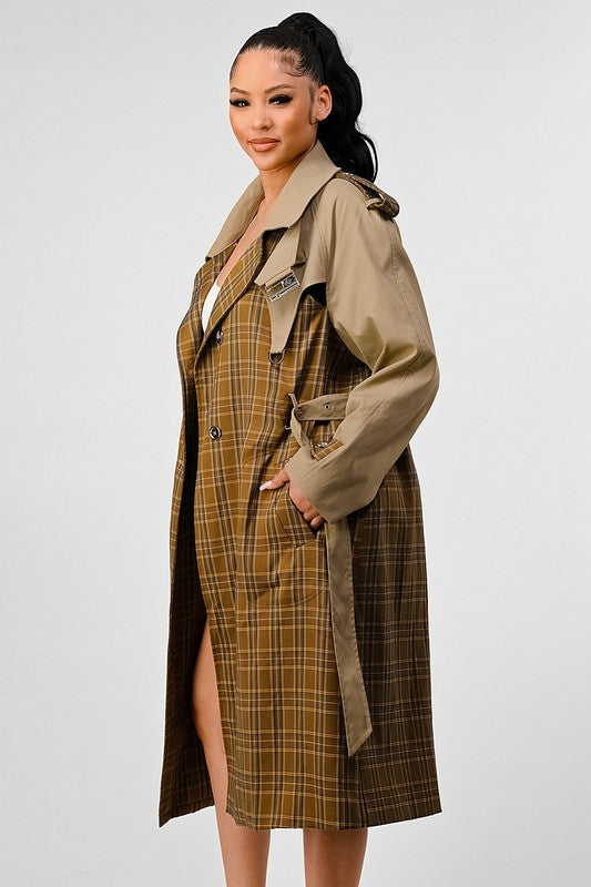 PLAID AND KHAKI CONTRAST TRENCH COAT