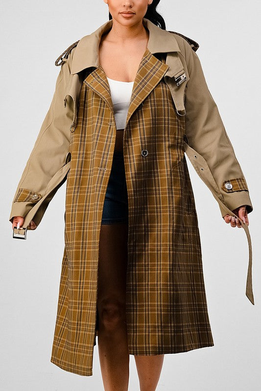 PLAID AND KHAKI CONTRAST TRENCH COAT