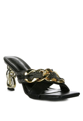 Evelane Metallic Chain Heeled Diamante Sandals