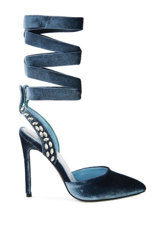 Velvet Diamante Tie Up High Heeled Sandals