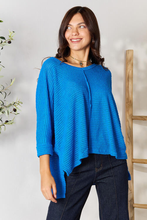 Full Size Round Neck High-Low Slit Knit Top