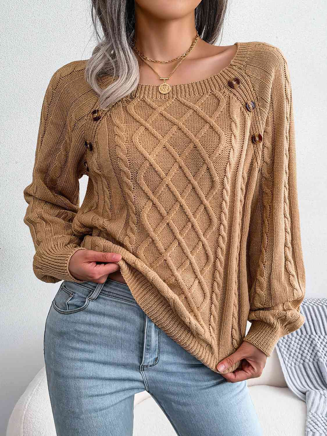 Fall Free Button Cable-Knit Sweater