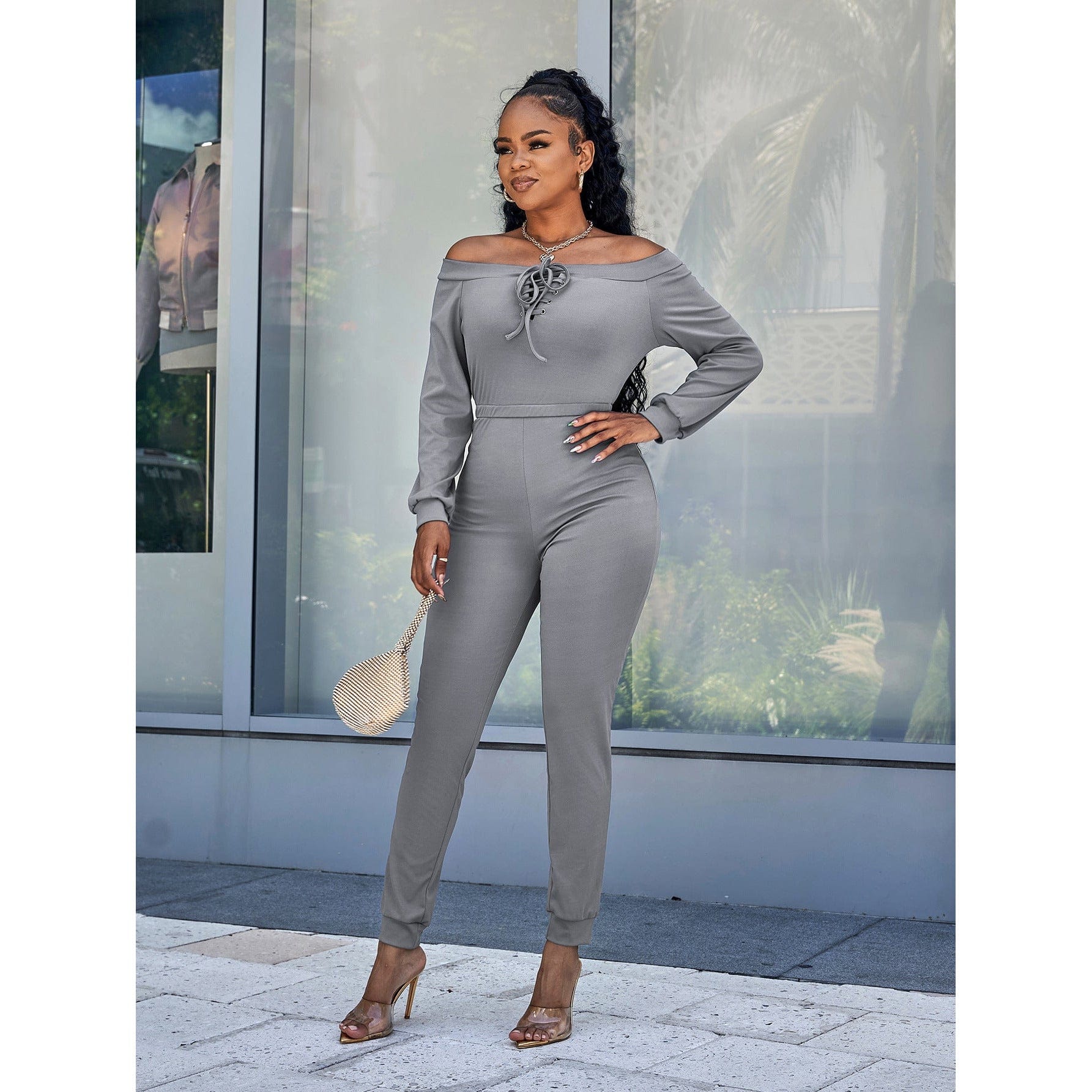 Lace-Up Off-Shoulder Long Sleeve Jumpsuit