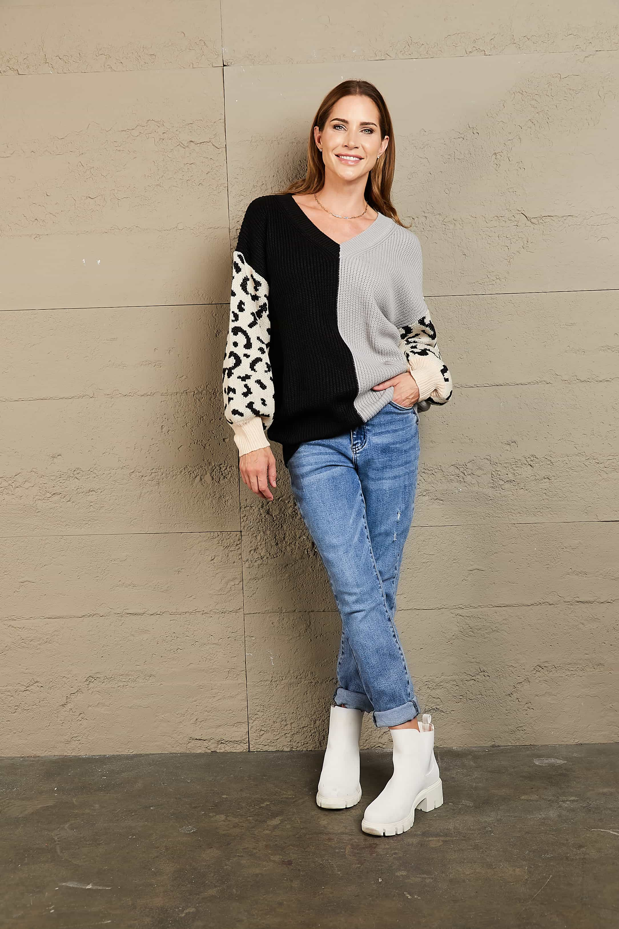 Leopard Color Block V-Neck Tunic Pullover Sweater