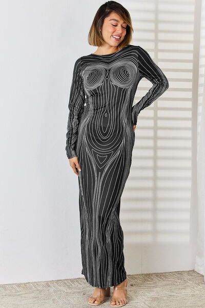 Cutout Round Neck Long Sleeve Maxi Dress