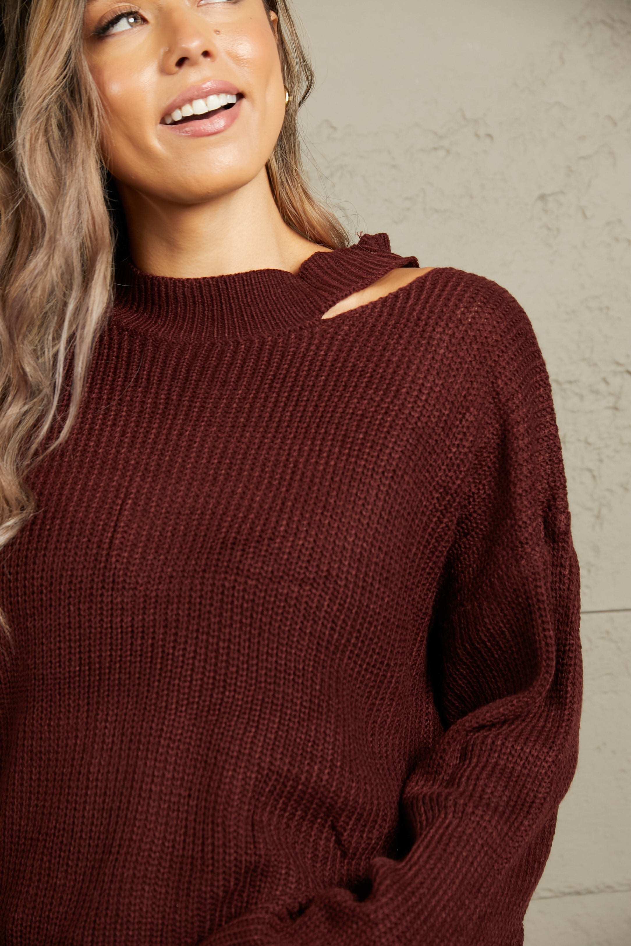 Round Neck Cutout Dropped Shoulder Sweater