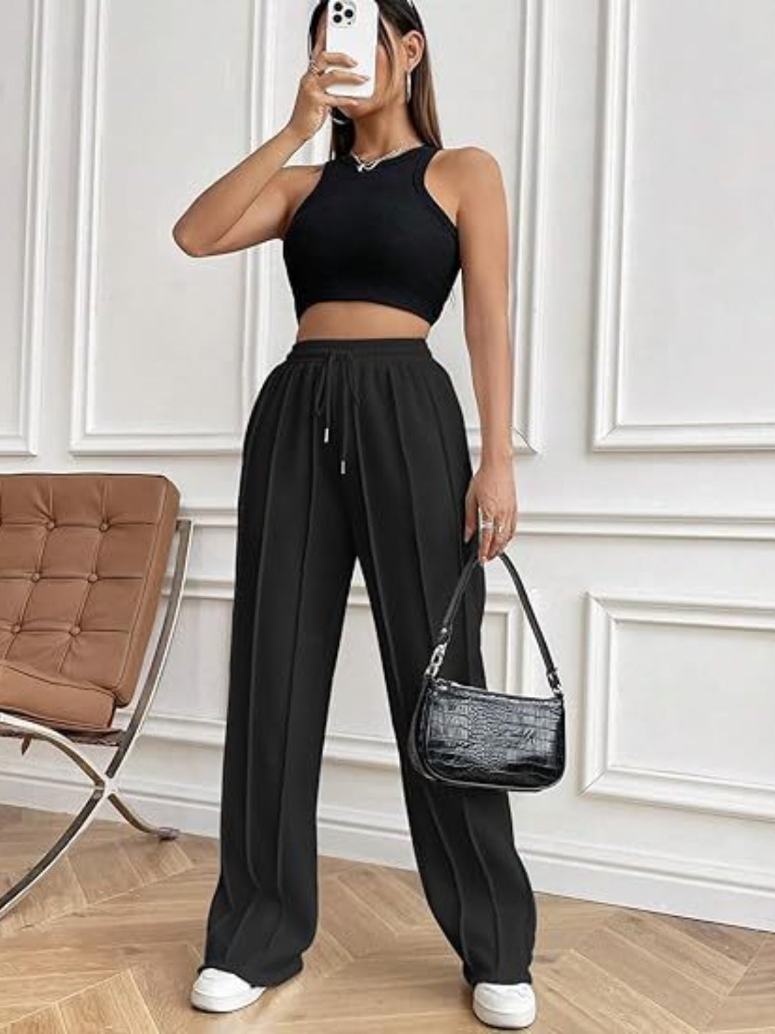 Drawstring Wide Leg Pants with Pockets