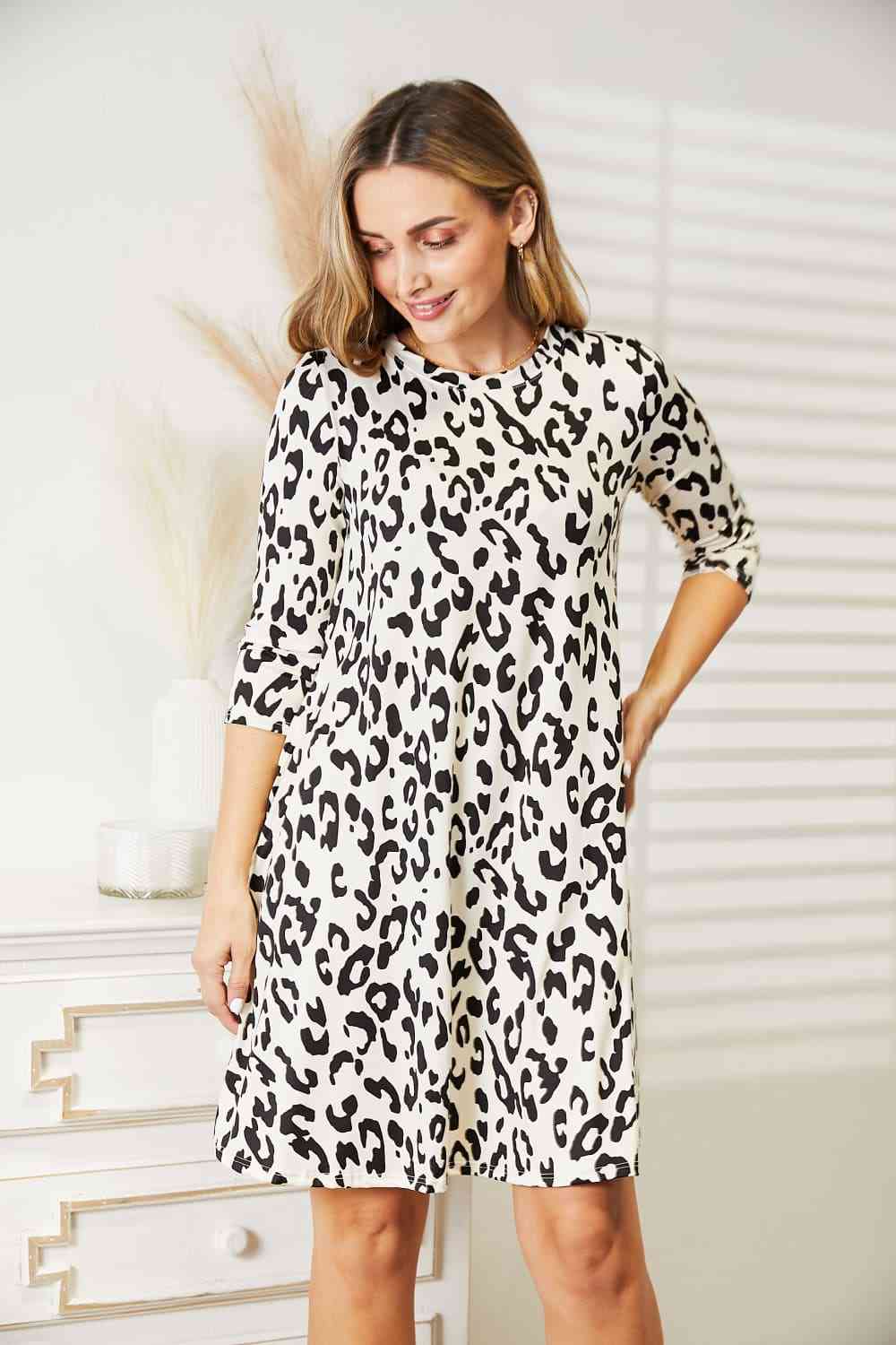 Full Size Leopard Three-Quarter Sleeve Dress with Pockets