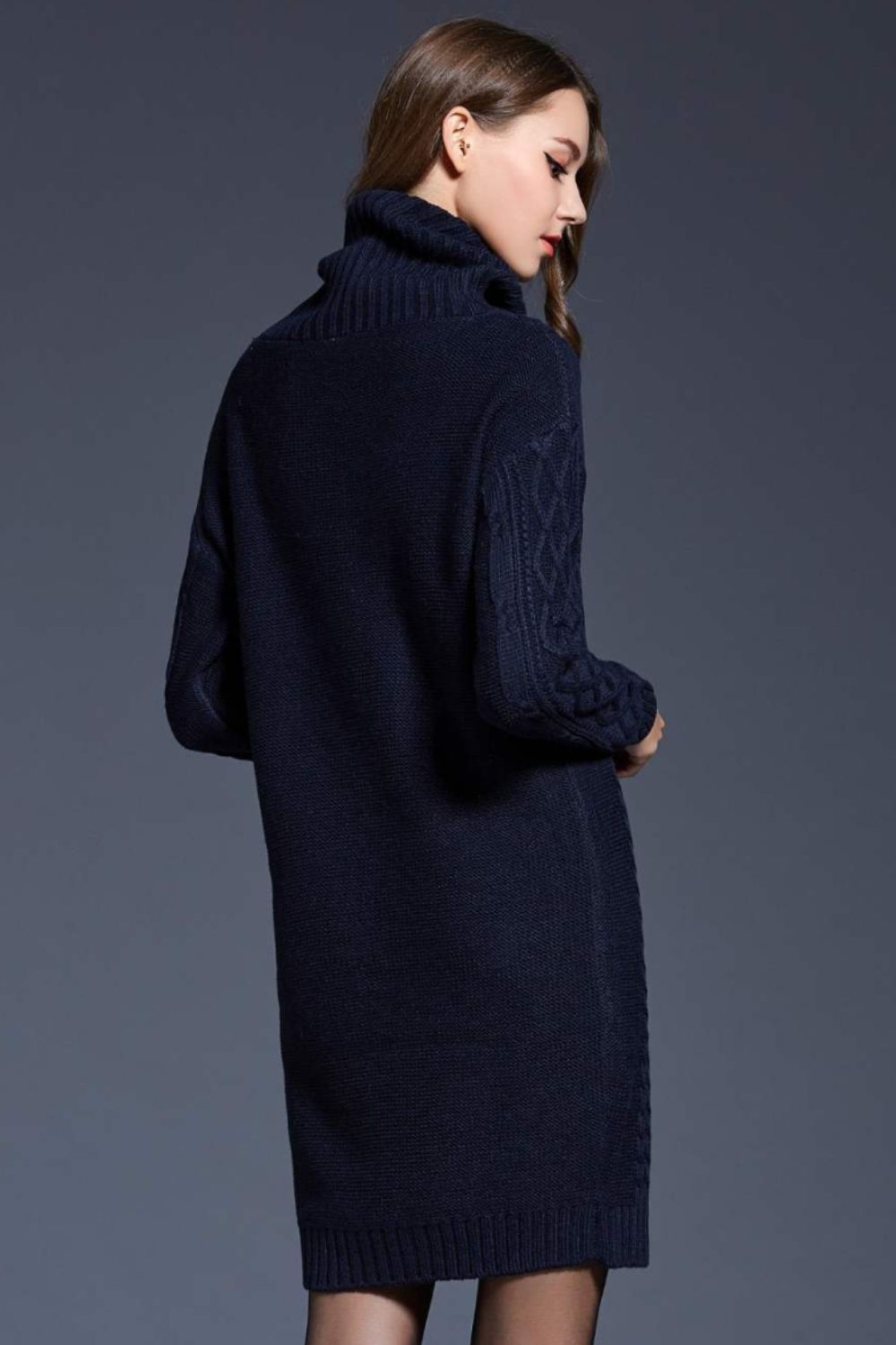 Mixed Knit Cowl Neck Dropped Shoulder Sweater Dress