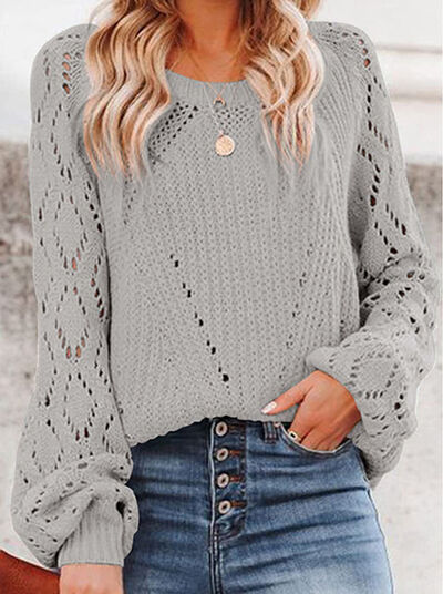 Openwork Round Neck Lantern Sleeve Sweater