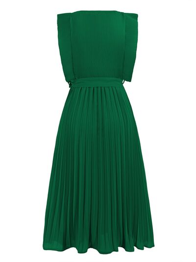 Tied Round Neck Pleated Midi Dress