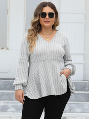 Plus Size Ribbed V-Neck Long Sleeve Blouse