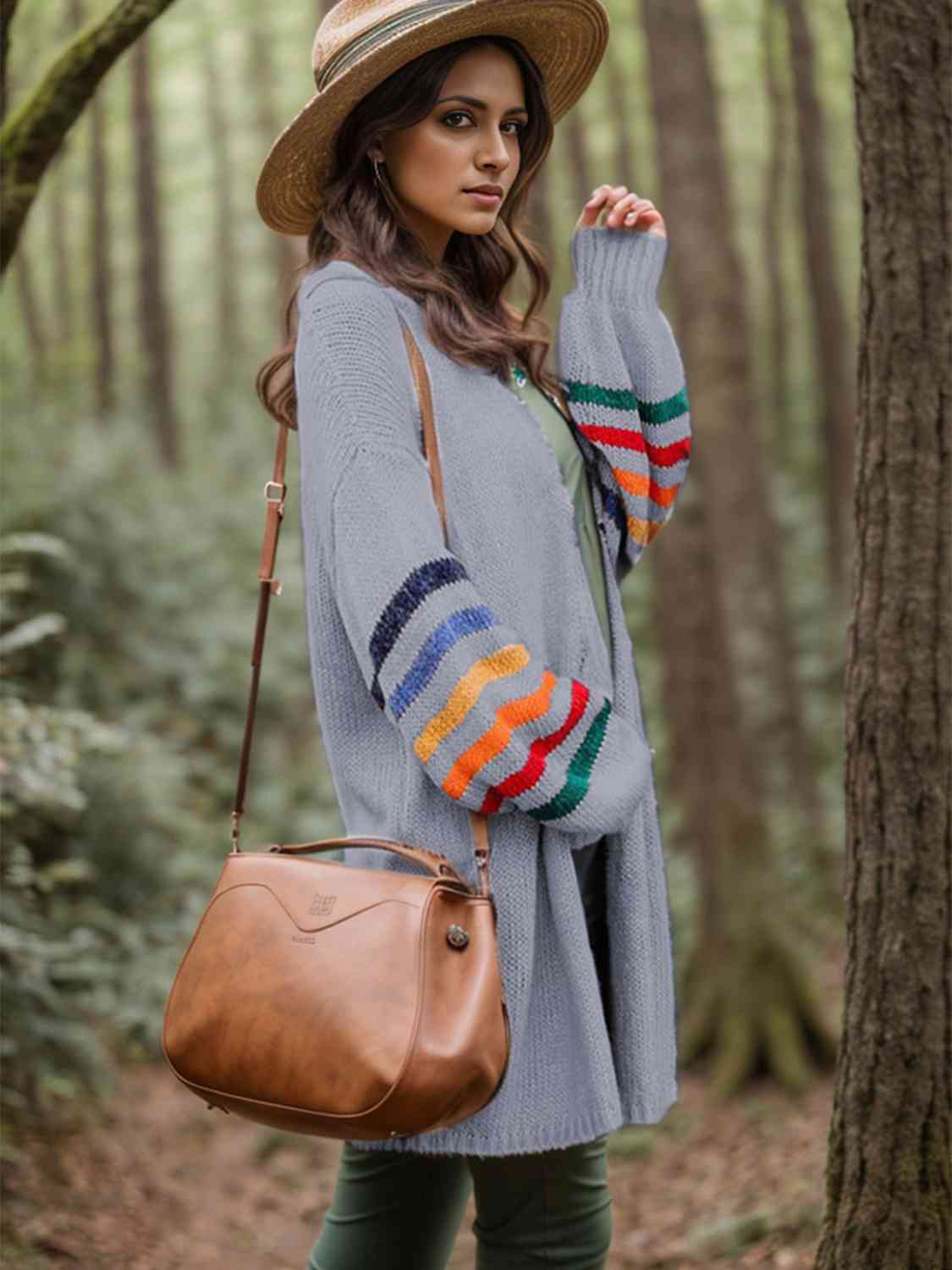 Striped Open Front Long Sleeve Cardigan