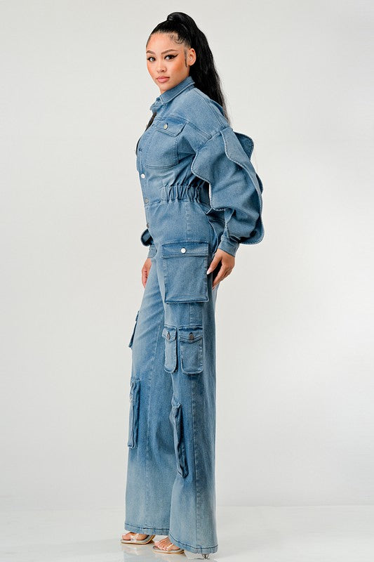 DENIM CARGO RUFFLE SLEEVE JUMPSUIT