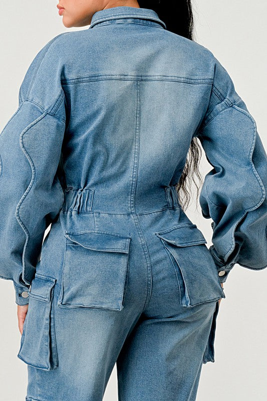 DENIM CARGO RUFFLE SLEEVE JUMPSUIT