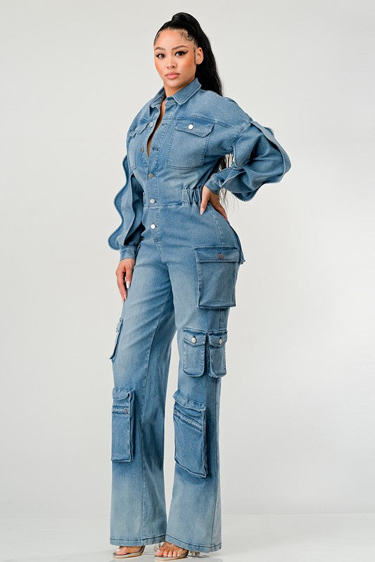 DENIM CARGO RUFFLE SLEEVE JUMPSUIT