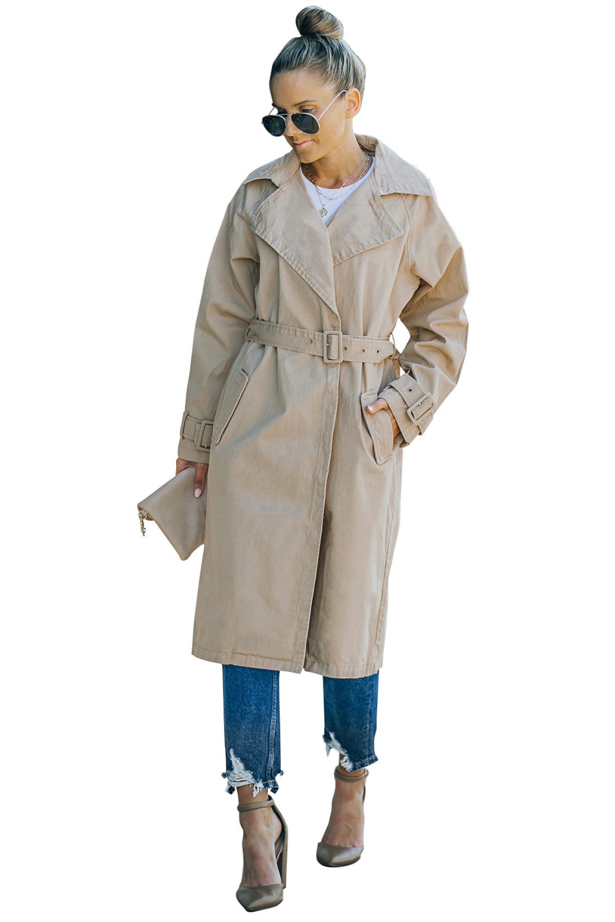 Khaki Runway Style Belted Long Trench Coat