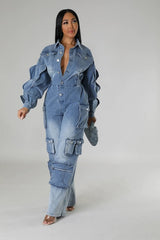 DENIM CARGO RUFFLE SLEEVE JUMPSUIT