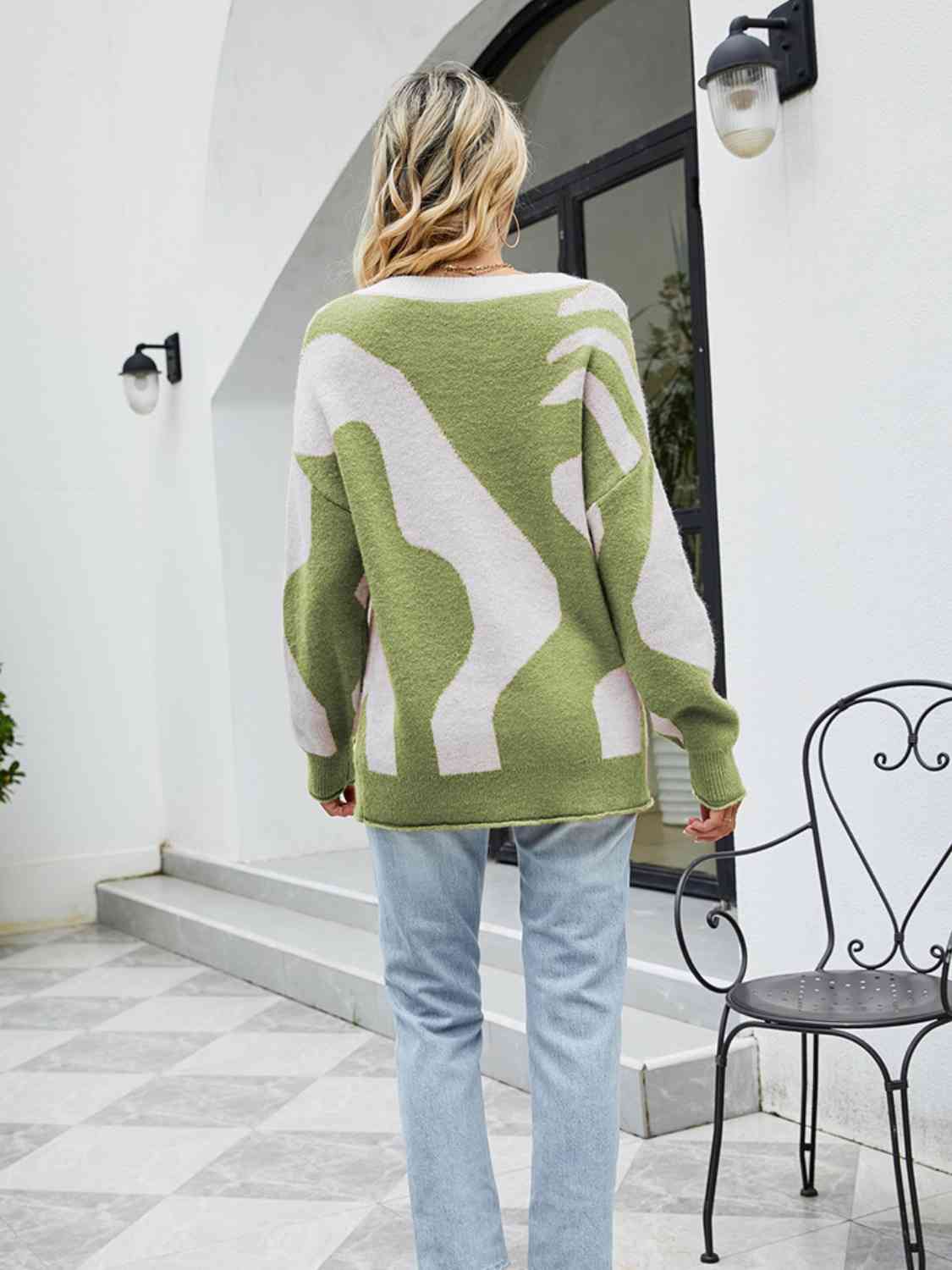 Buttoned Round Neck Drop Shoulder Sweater